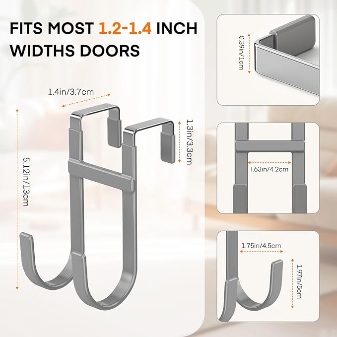 FYY Over The Door Hooks - 4 Pack Heavy Duty Dual-Hook Organizer Hanger with Non-Slip Rubber for Towels, Clothes, Hats & Bags Use in Bathroom, Bedroom, Kitchen - Fits Interior Doors Up to 1 3/8" Grey