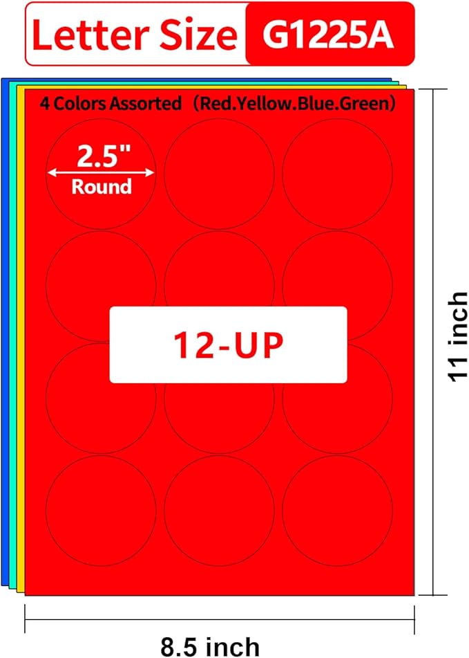 Gemsroyal 2.5 inch Colored Round Labels Printable,2.5" Color Coding Labels for Printer,2.5 Colorful Custom Round Stickers,4 Colors Assorted(Red,Yellow,Blue,Green),240 Neon Circle Labels in Total