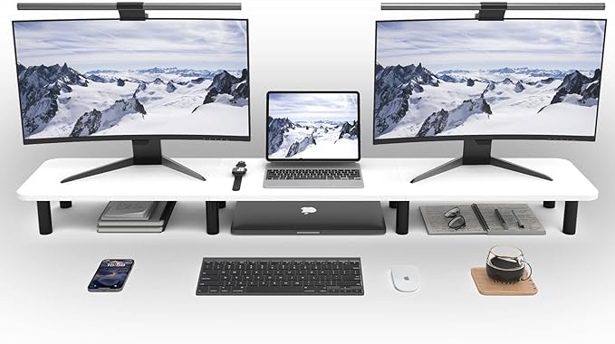 WEGASTU Dual Monitor Stand Riser 43.7 inch Large Extra Long Monitor Stand Riser Wide TV Stand Riser Monitor Stand for 2 Monitors Wood & Steel Leg Desktop Riser Desk Organization Home Office (White)