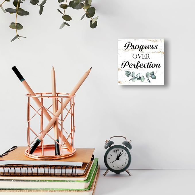 WUZYOU Inspirational Wood Box Sign - Progress Over Perfection Motivational Quote - 5x5x1 Inch Wooden Plaque - Positive Wall Decor for Home & Office - Desk Display