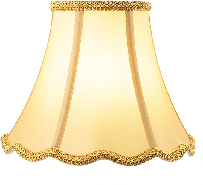Saangseon Bell Lamp Shade, Scalloped Golden Fabric Lampshade Replacement, Softback, 7'' Top x 14'' Bottom x 10.5'' Slant Height x 10'' Vertical Height, Lamp Harp Included