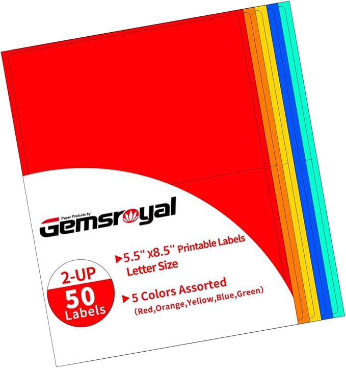 Gemsroyal Colored Half Sheet Shipping Labels Printable,5.5"×8.5" Half Page,5 Colors Assorted(Red,Orange,Yellow,Blue,Green),Color Neon Label Sticker Paper for Printer,Coloful Large Stickers Labels