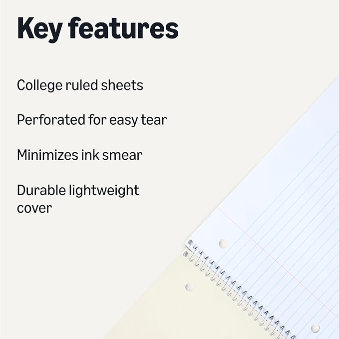 Amazon Basics College Ruled Spiral Notebook, 70 Sheets, 8" x 10.5", Assorted Primary Solid Colors, 3 pack