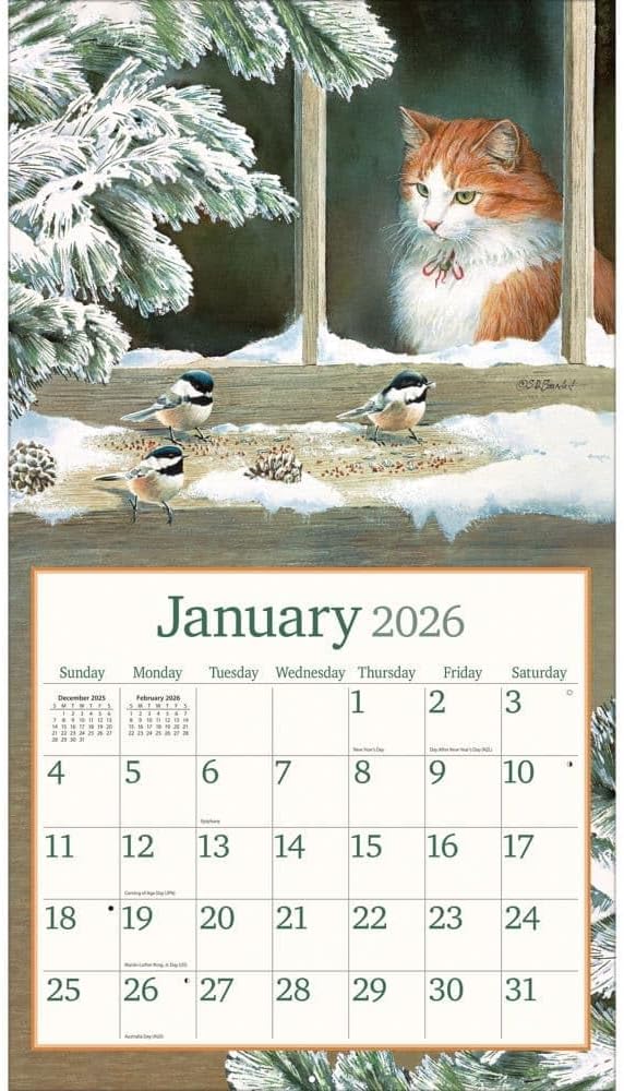 Lang Cats in the Country 2026 Wall Calendar – 13.4" × 12", 12-Month Calendar with Stapled Binding, Linen-Embossed Art by Susan Bourdet, Rural Feline Imagery