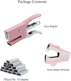 Aacehlh Small Hand-held Stapler Set, 15 Sheet Capacity, Includes 750Pcs Staples and A Staple Remover, Mini Desktop Stapler for Office, School, Home or Travel Use. (Pink)