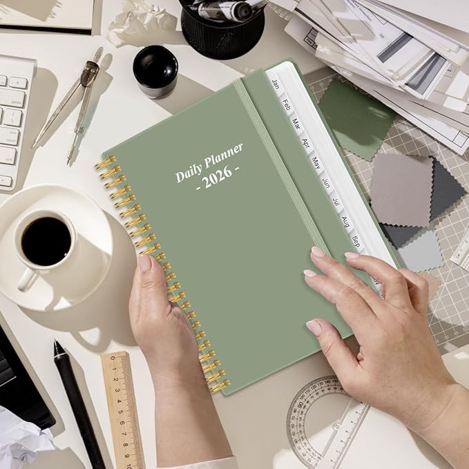 Daily Planner 2026 Full Page Per Day- 2026 Daily & Monthly Planner from January 2026 to December 2026, Day Planner 2026 with 12 Months Tabs, 6.4" x 8,5", Green