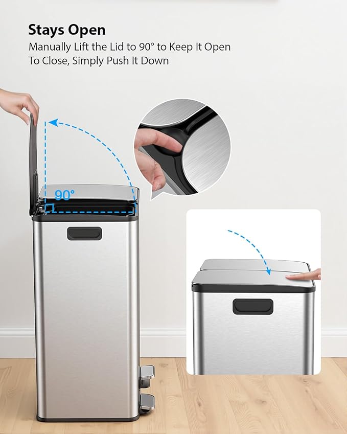 Lovewind Kitchen Trash Can, 2 x 8 Gallon (2 x 30 L) Stainless Steel Trash and Recycle Bin Combo with Soft-Close Lid, Dual Compartment Recycling Kitchen Step Trash Bin, Silver