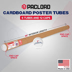 Paclord 2" x 48" Heavy-Duty Reinforced Cardboard Mailing Tube, Pack of 6 Tubes with 12 Caps – Secure USPS Approved – Great for Shipping and Storing of Prints, Artwork, Posters or Documents