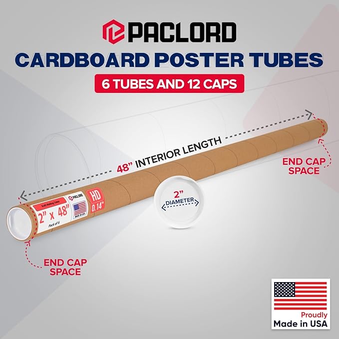 Paclord 2" x 48" Heavy-Duty Reinforced Cardboard Mailing Tube, Pack of 6 Tubes with 12 Caps – Secure USPS Approved – Great for Shipping and Storing of Prints, Artwork, Posters or Documents