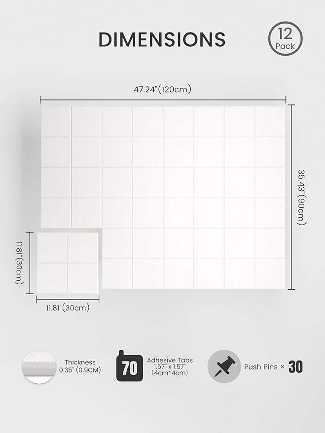 Bumusty Large Cork Board Alternative-47 x35 Felt Bulletin Board Tiles, with 30 Pushpins, 70 Adhesive Tabs, 12-Pack Slat Wall Paneling, Cork Boards for Office Push Pin Board Felt Board-Milky White