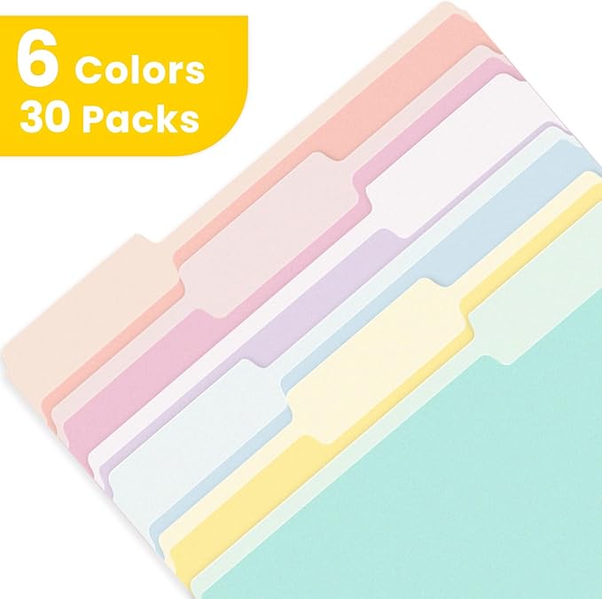 SUNEE File Folders, 30 Pack Manilla Folders 8.5 x 11, Colored File Folders Home Office School Supplies for Documents Files Paper, 6 Soft Colors
