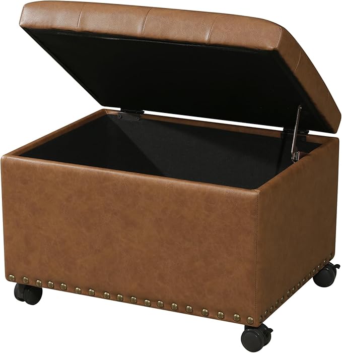 Decent Home 24" Leather Storage Ottoman with Steerable Rolling Wheels, Rectangle Foot Rest Ottoman with Storage for Living Room Bedroom, Vintage Golden Brown