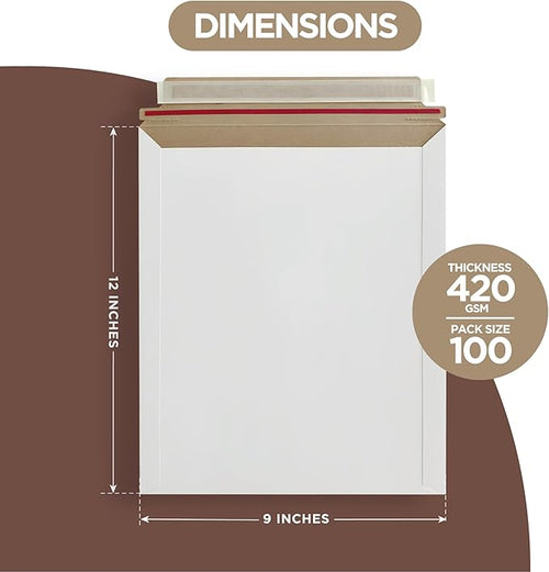 100 Pack Rigid Mailers 9x12 inches – Self Adhesive White Photo Mailers Large– Mailing Supplies for Documents, Photos, CDs, Magazines, and Literature