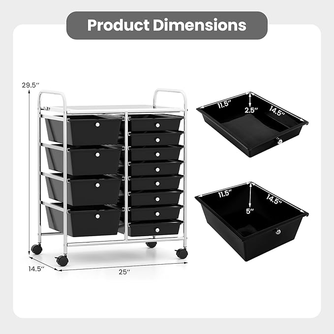 Giantex 12 Drawer Rolling Cart with Drawers, Storage Organizer Cart for Classroom Office School Teacher, Mobile Drawer Cart for Tools, Crafts, Small Printer, Black