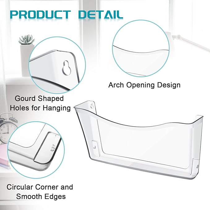 Colarr 6 Pack Expandable Pocket Wall File Holder Plastic Hanging Wall Organizer Space Saving Wallmount File Holder for Office Mail Letter Magazine(Clear)