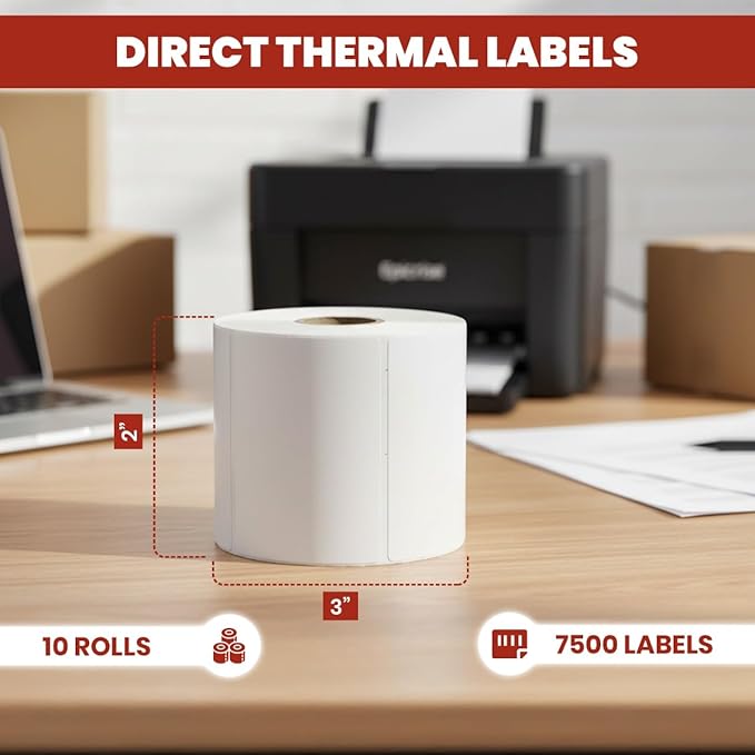 3" x 2" Direct Thermal Labels Roll, 10 Rolls (7,500 Labels), Compatible with Zebra,Rollo, MUNBYN, POLONO, IDPRT Printer,Strong Adhesive Perforated Label Rolls for Packages,Barcodes & Office Use