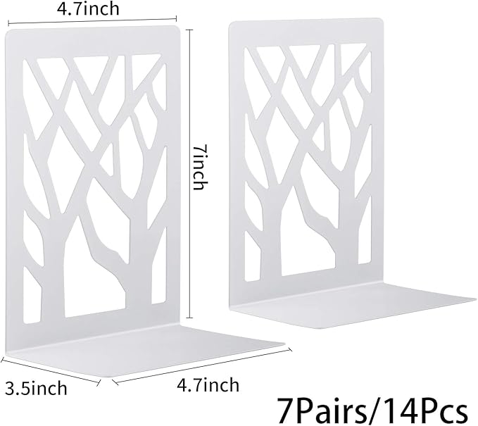 MSDADA Bookends, Book Ends for Shelves, Bookends for Office, Book Ends for Heavy Books, Book Shelf Holder Stand Home Decorative，Metal Bookend Supports, Book Stoppers, White(7 Pairs)