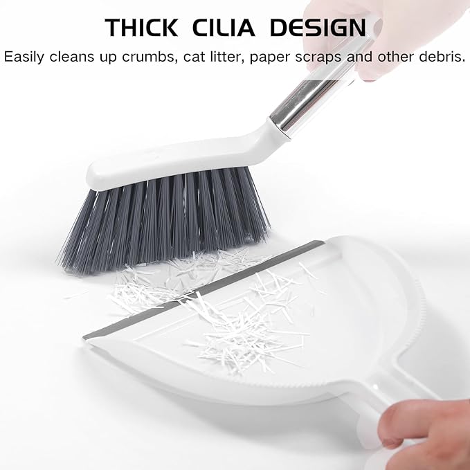 NACENA Mini Broom and Dustpan Set, Small Dust Pan and Brush Set with Handle Dustpan Teeth for Cleaning Hair Suitable for Office Desks Drawers Sofas Outdoor Camping, White & Gray