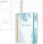 Daily Planner Undated - A5 To Do List Notebook Hourly Schedules, Spiral Appointment Planner for Women and Men, PVC Hardcover, Inner Pocket, Elastic Closure, 5.8" x 8.3", Blue Watercolor