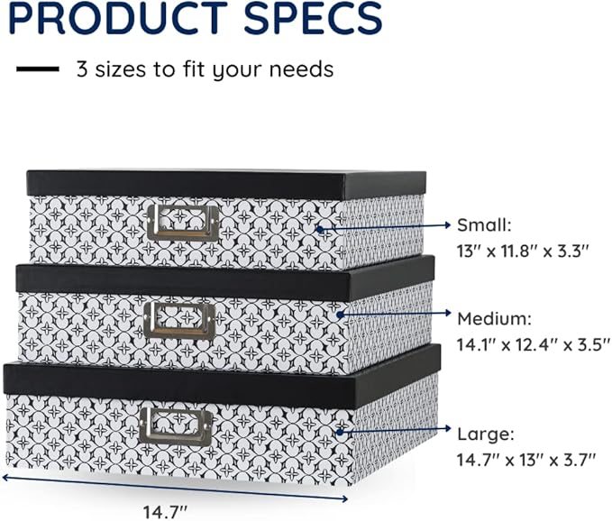 Soul & Lane Black and White Decorative Storage Boxes with Lids for Organizing, Set of 3 Jumbo Scrapbook Storage Boxes for Documents, Keepsakes, Memories, Modern Trellis