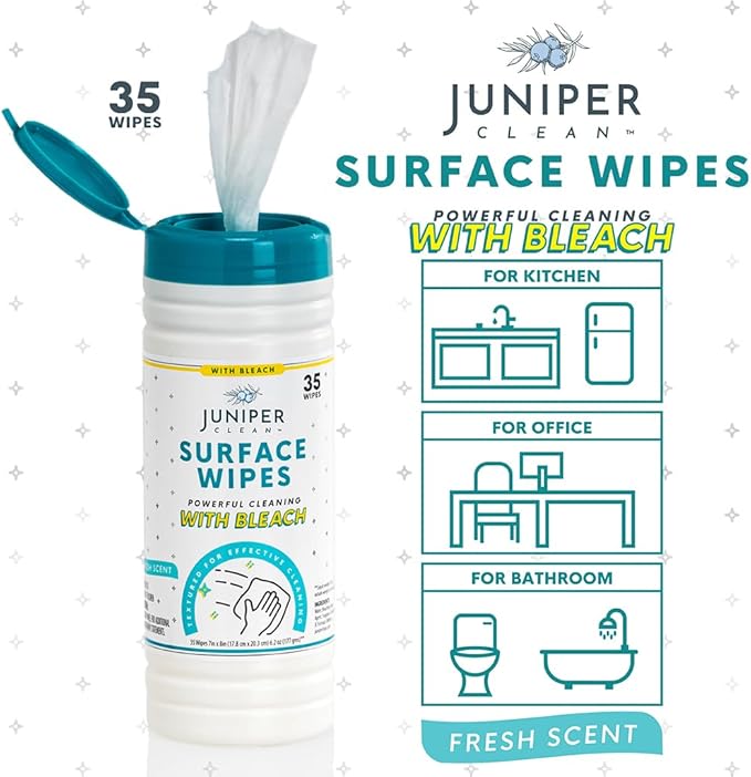 Juniper CLEAN 1 Pack Surface Cleaning Wipes with Bleach, All-Purpose Cleaner for Bathroom, Kitchen, Office, 35 Count Canister, 7.5" x 7" Sheet, Fresh Scent, Lint Free & Durable