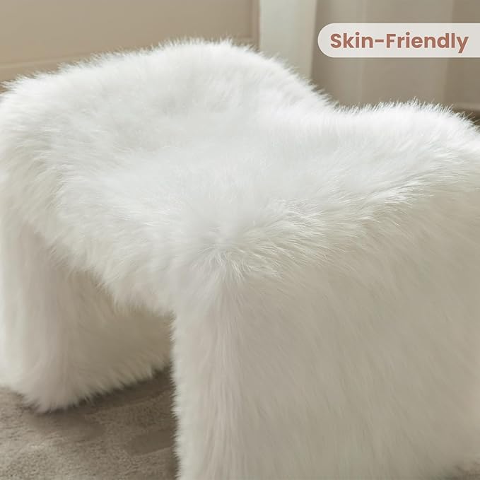 ZYKZYK Modern Vanity Stool Ottoman, Backless Faux Fur Small Footstool for Makeup Room, Living Room, Bedroom, Entryway Portable and Comfortable Seating (Single Piece) White