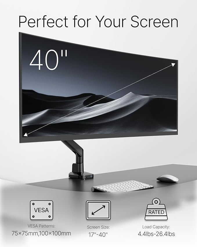 monTEK Deluxe Monitor Arm with USB A/C up to 40 Inch Holds 26.4 lbs Curved Screens Aluminum Fully Motion Single Monitor Stand with Clamp/Grommet, Quick Release Plate,75/100mm VESA, MA1008UCBK