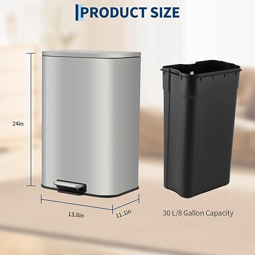 Takywep 8 Gallon Brushed Stainless Steel Trash Can with Soft-Close Lid, 3.2/5.3/8/13.2 Gallon Smudge-Resistant Compact Garbage Bin for Kitchen, Bathroom, Office - Black & White