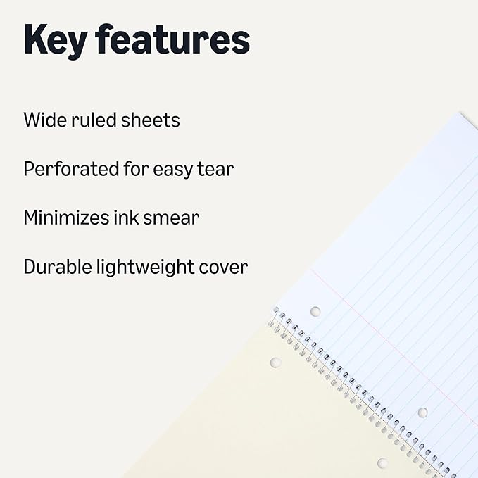 Amazon Basics Wide Ruled Spiral Notebook, 70 Sheets, 8" x 10-1/2", 5 pack, Assorted Pastel Solid Colors
