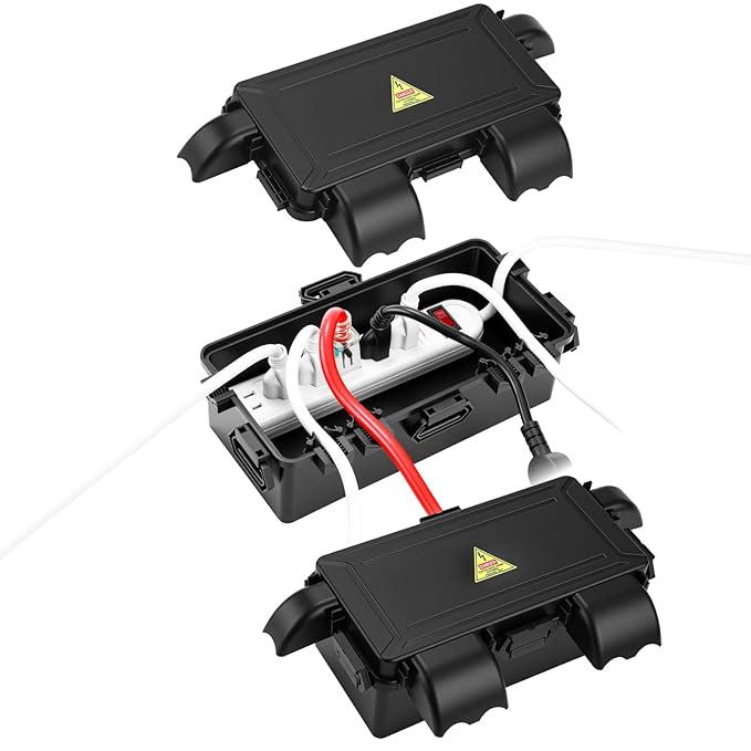 DIQIMIAQ Medium Outdoor Electrical Box(inner 10.3*4.8*3.1inch) With Waterproof shield, Waterproof Extension Cord Cover w/6 Cable , Weatherproof Connection Box Protect for Plug,Connector (Black, 2PCS)