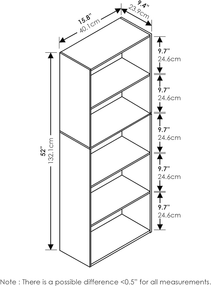 Furinno LUDER Book Shelf, 5-Cube Bookshelf, Bookcase with Open Shelf, 9.4 x 15.8 x 52, for Living Room, Bedroom, Home Office, Blackwood