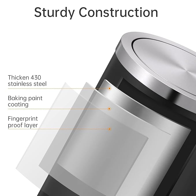 Mbillion Small Trash Can with Swing Lid 4 Gallons/15 Liter, Mini Trash Can with lid, Stainless Steel Cylindrical Garbage Can for Home and Office, for Ground and Desktop(Black)