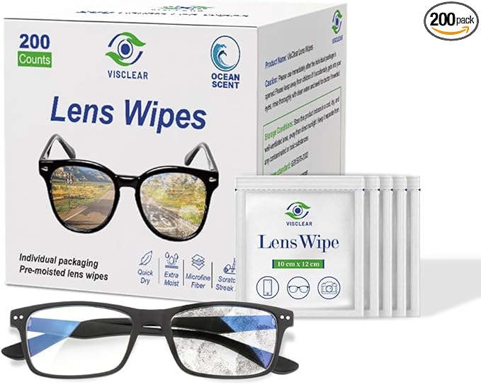 VisClear Lens Wipes for Eyeglasses, 200 Counts, Extra Moist Individually Wrapped Eyeglass Cleaner Wipes, Safe from Scratches and Streak, Glass Wipes for Eyeglasses, Camera Lens & Electronic Screens