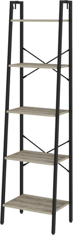 Hzuaneri Ladder Shelf, Bookshelf Bookcase, Freestanding Corner Storage Shelve with 2 Hooks for Home Office, Living Room, Kitchen, Bedroom, Industrial, 11.8" D x 17.3" W x 63" H, Greige BC19205B