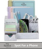 My Space Organizers Marble Desk Organizer For Office Supplies And Accessories - 9 Sections - Pencil Pen Holder Storage - Desktop Organization Decor Essentials (White Grey Marble)