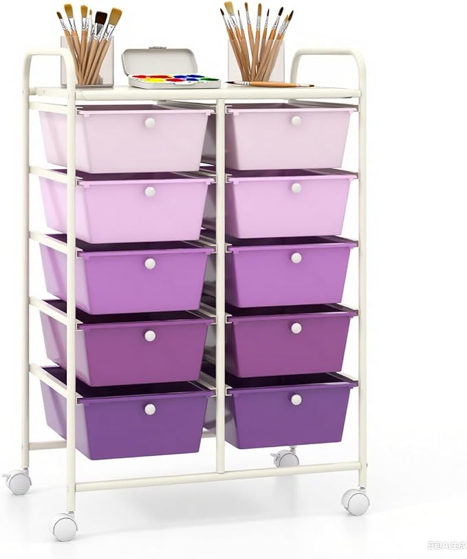 GLACER 10 Drawer Rolling Cart, Storage Cart with Lockable Whieels & Metal Frame, Trolley for Art Craft Oganizer, Mobile Utility Cart for Office, School, Classroom, Kitchen (Purple Gradient)