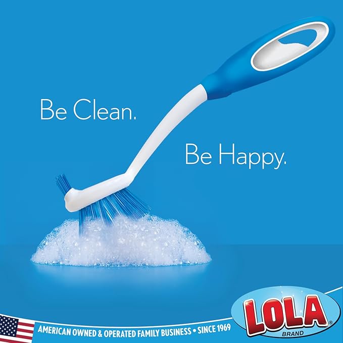 Dish Brush Kitchen Scrubber, by LOLA, Has Stiff Bristles & Food Scraper, Comfort No-Slip Grip Handle, Safe for Non-Stick & Coated Cookware, 1 Pack