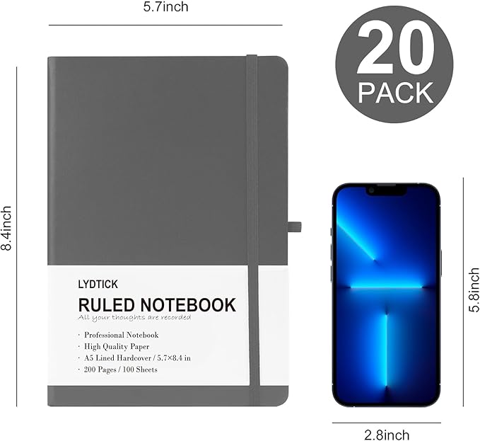LYDTICK 20 Pack Journals for Writing College Ruled Notebooks Journal in Bulk, Hardcover Notebooks (200Pages) for Note Talking, Lined Bullet Journals for Home School Office, 5.7"x8.4", Grey