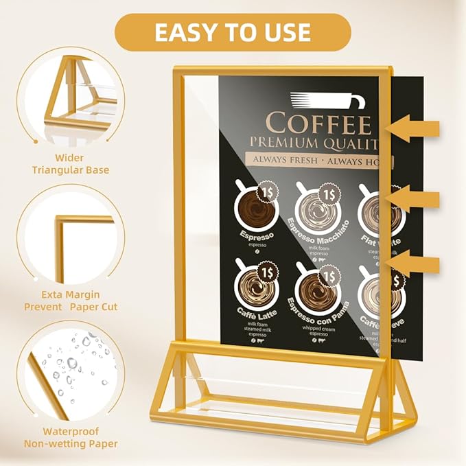 PPH-Sisy Acrylic Sign Holder 5x7 Gold Picture Frame Clear Acrylic Frames Display Stand Double Sided Table Menu Holders for Wedding Table Numbers Restaurant Photos (8 pcs)