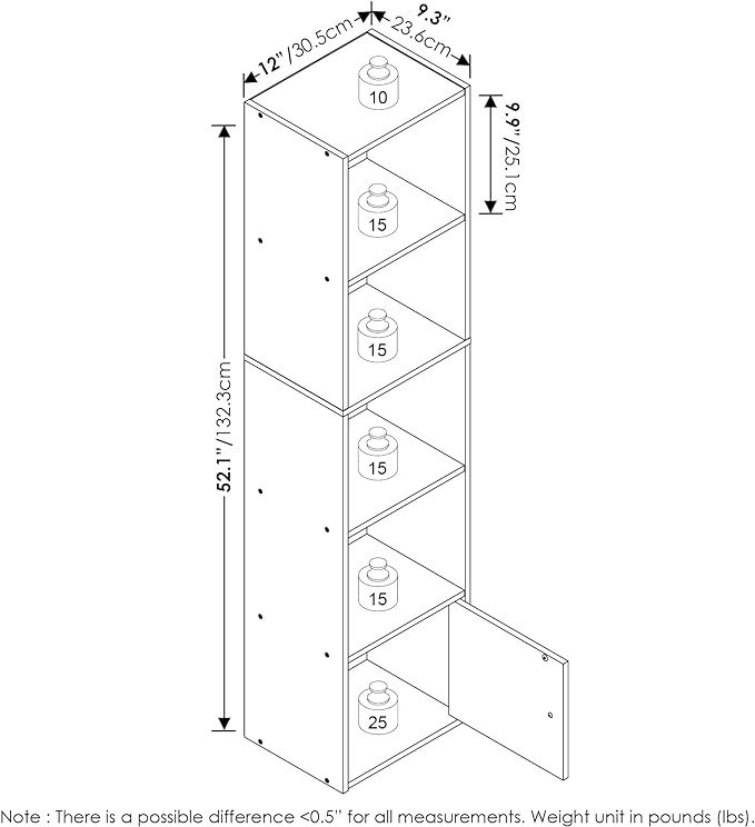 Furinno LUDER Book Shelf, 5-Tier Modern Bookshelf, Bookcase with 1 Door Storage Cabinet, 9.3 x 12 x 52, for Living Room, Bedroom, Home Office, White