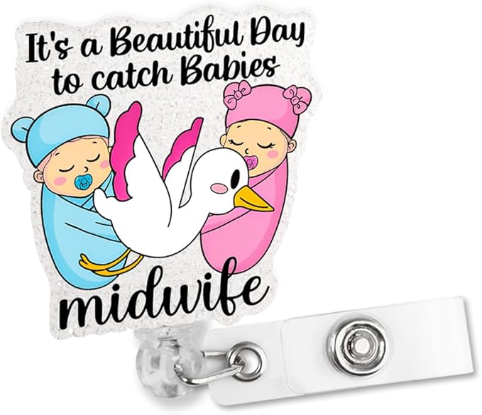 Sixrip lt's A Beautiful Day To Catch Babies Midwife Badge Reel, Funny Stork Retractable Badge Reel Gifts for Gynecologist Labor And Delivery Nurse Doctor Midwifery Postpartum Obstetrician, OBGYN Gifts