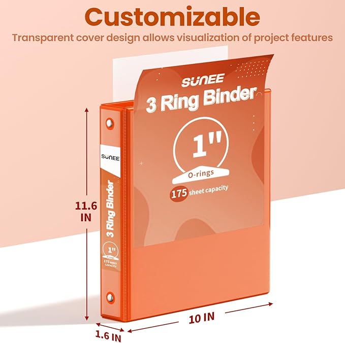 SUNEE 3 Ring Binder 1 Inch 1 Pack, Clear View Binder Three Ring PVC-Free (Fit 8.5x11 Inches) for School or Office Supplies, Orange