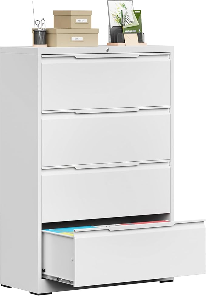 Bestoo 4-Drawer Lateral File Cabinet with Lock, Filing Cabinet for Home Office, Metal File Storage Cabinets, Fits File Folders, Letter/Legal/F4/A4 Sizes, Assembly Required (White)