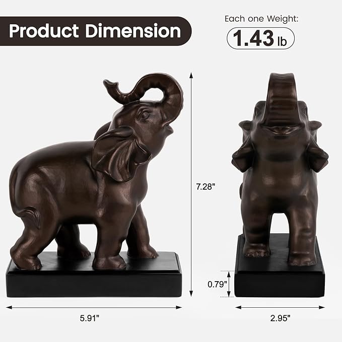MXARLTR Elephant Decorative Bookends, Bookends for Shelves, Book Ends for Heavy Books with Anti-Slip Pad for Book Lovers Heavy Book Holder for Home Office Decor (Bronze)
