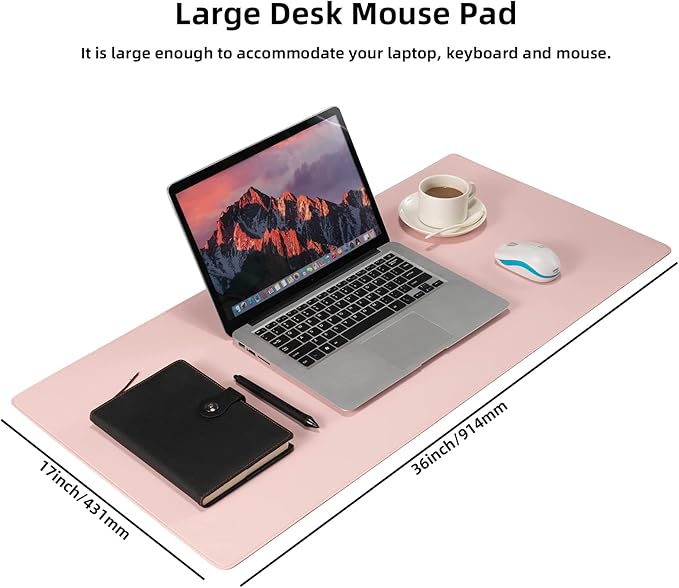Wolaile PU Leather Desk Pad Blotter,Light Pink Waterproof Office Desktop Mat for Women,36x17in Non-Slip Large Mouse Pad Writing Protector