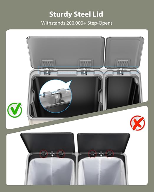 Dual Trash and Recycling Bins for Kitchen, 13.2 + 5.2 Gal (50+20L) Stainless Steel Trash and Recycle Bin Combo with Soft-Close Lid, Large Garbage Cans for Kitchen Home with 2 Magnets Sticker, Apricot