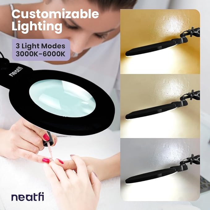 Neatfi XL Bifocal LED Magnifying Lamp, 7-Inch Acrylic Lens, 5D/20D Magnification, Hands-Free, Dimmable, 168SMD LEDs, Adjustable Arm for Crafts, Reading, Close Work (Black, CCT with Clamp)