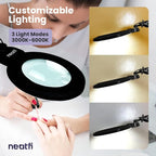 Neatfi XL Bifocal LED Magnifying Lamp, 7-Inch Acrylic Lens, 5D/20D Magnification, Hands-Free, Dimmable, 168SMD LEDs, Adjustable Arm for Crafts, Reading, Close Work (Black, CCT with Clamp)