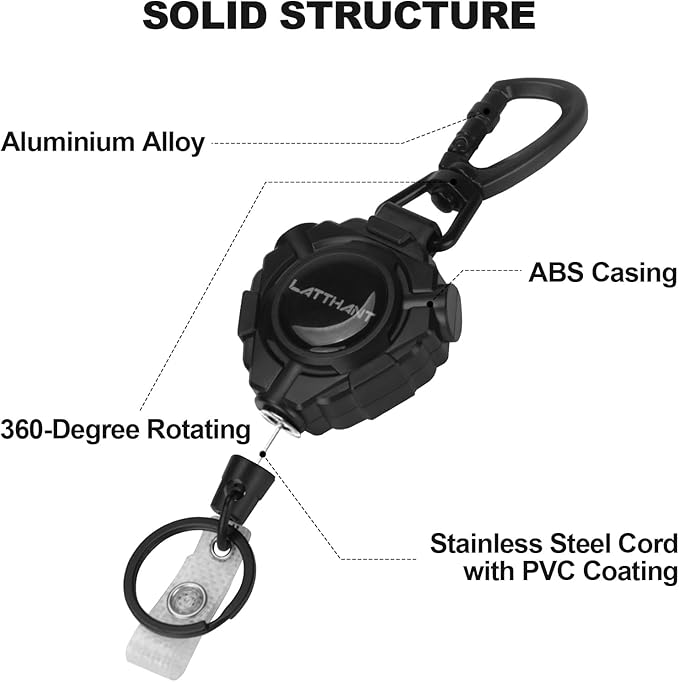LATTHANT Badge Holder Retractable Clip, Heavy Duty Retractable Keychain with 31.5 in Smooth Steel Cord, Durable 360-degree Rotating Carabiner Badge Holder for Work, Fishing, Car Key