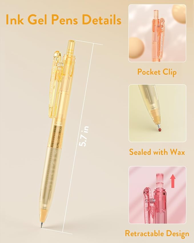 Four Candies 6Pack 0.5mm Black Ink Quick Dry Retractable Gel Pen Set, Cute Transparent Pastel Fine Point Note Taking Aesthetic lnk Pens, Comfort Grip Drawing Writing School Office Home